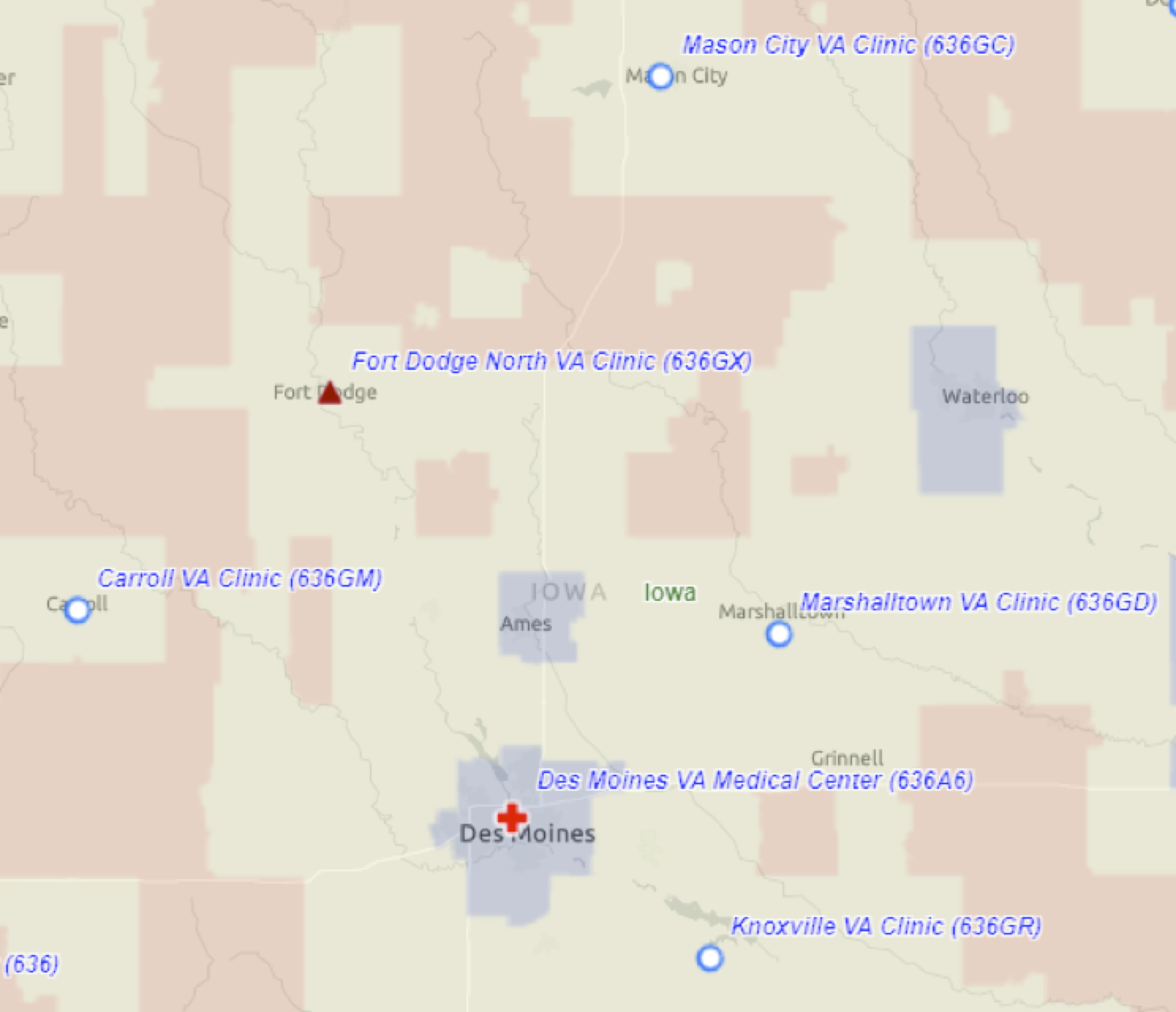 Map of Central Iowa including VA facilities