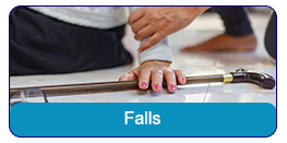 Falls: An elderly man's hand gripping his walker.