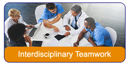 Interdisciplinary Teamwork: Photograph of five health care professionals.